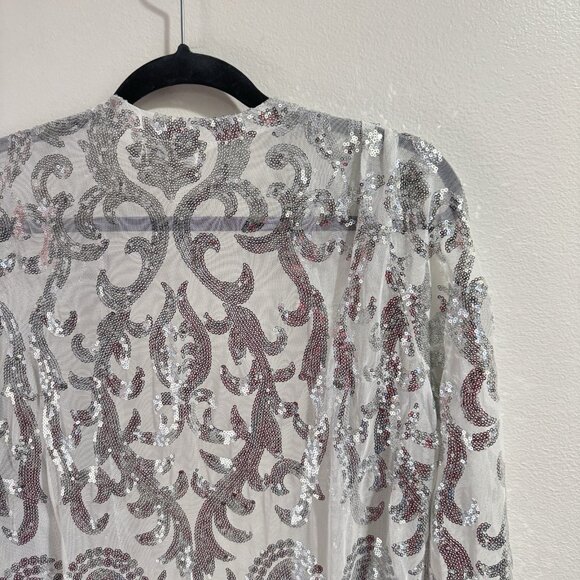 Anna Kaci Kimono L Cardigan Duster Silver Sequins Sheer Party Holiday Sexy - Picture 9 of 12